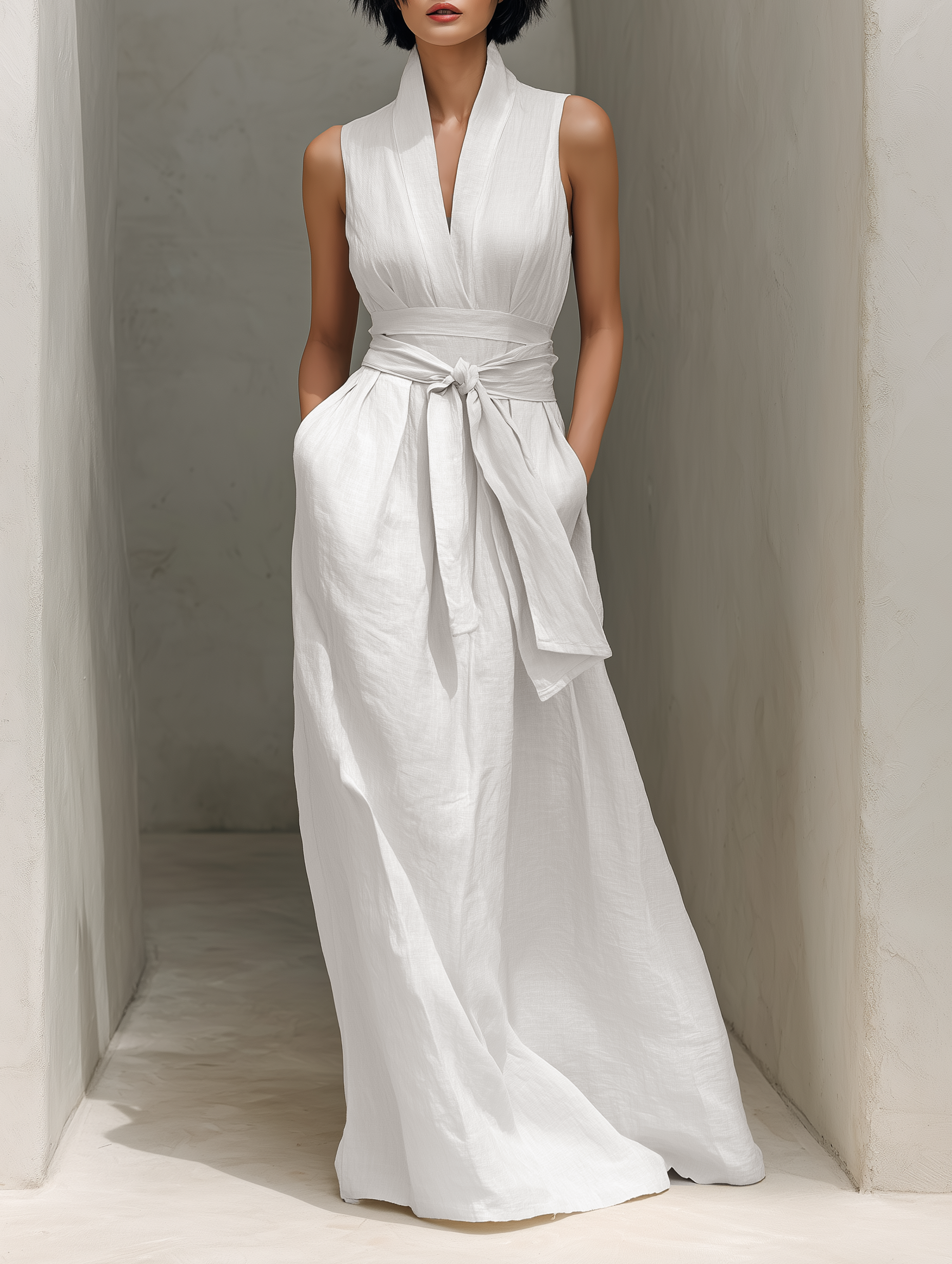 Freya | Linen V-Neck Belted Maxi Dress