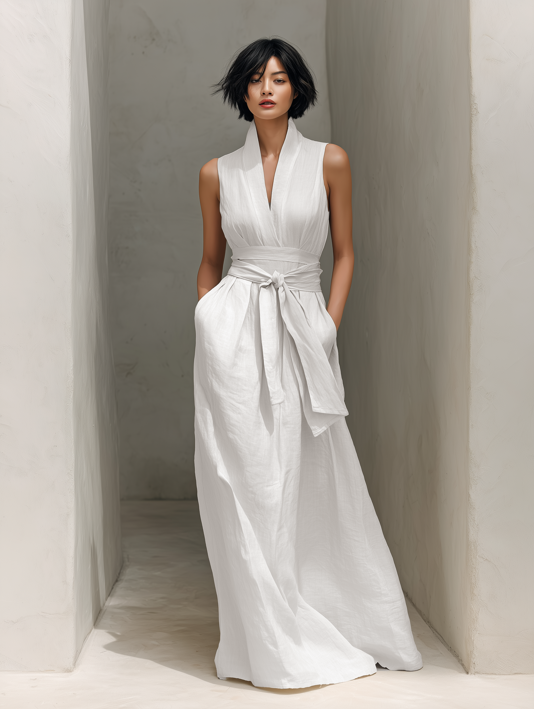 Freya | Linen V-Neck Belted Maxi Dress