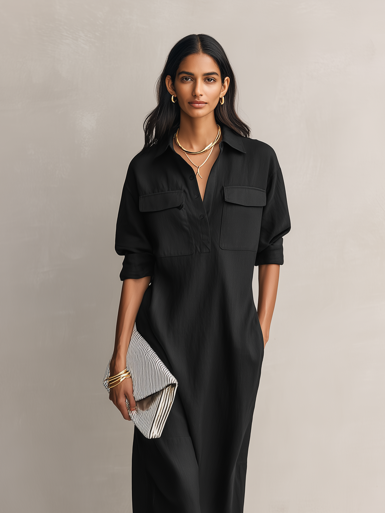 Nora | Black Shirt Collar Midi Dress