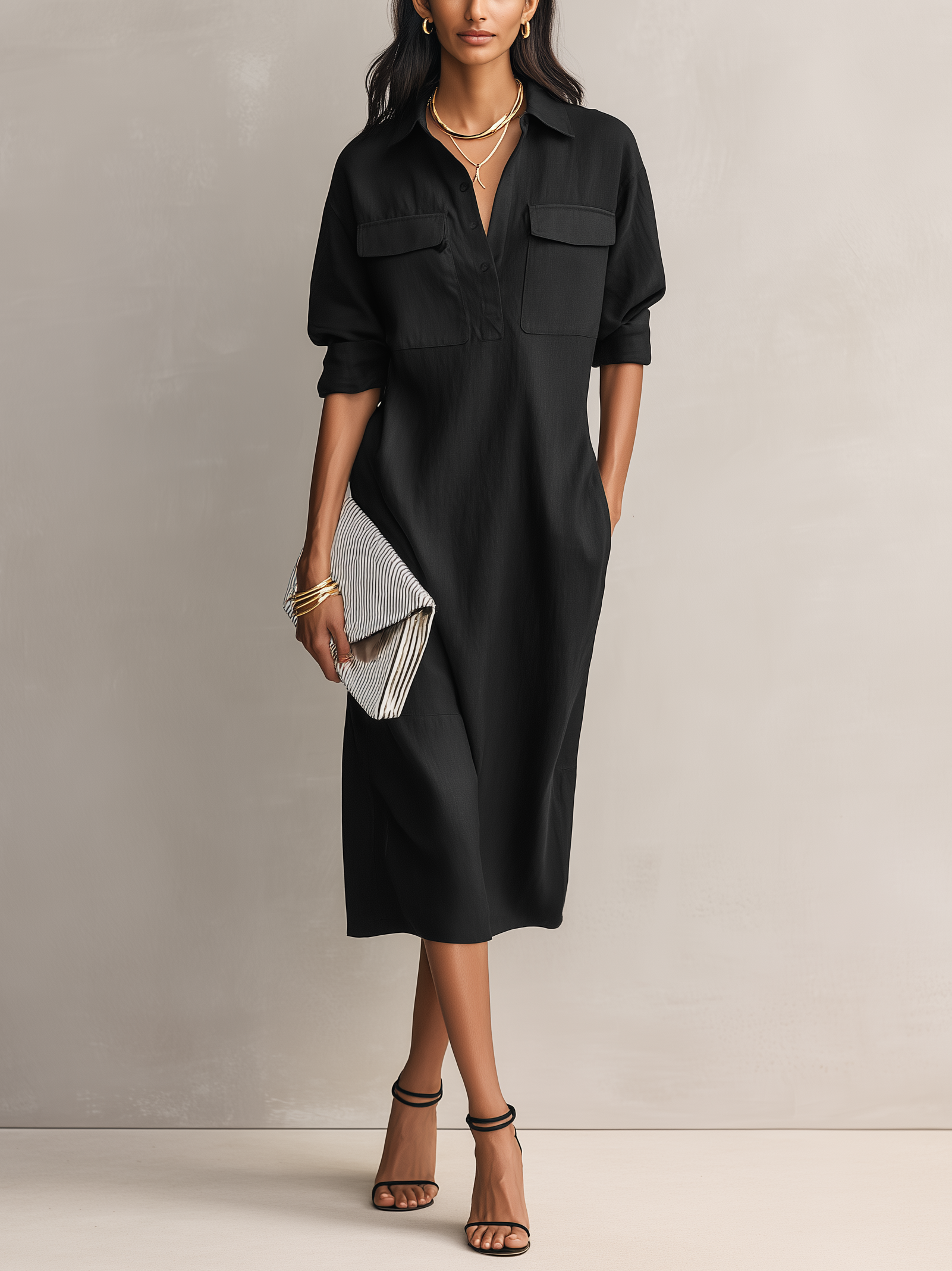 Nora | Black Shirt Collar Midi Dress