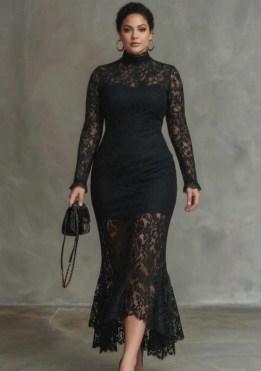 Elegant Black Stretchy Lace Fishtail Maxi Dress