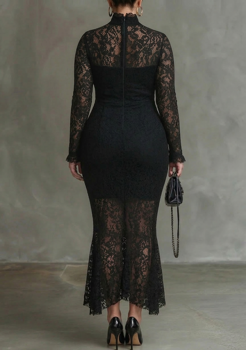Elegant Black Stretchy Lace Fishtail Maxi Dress