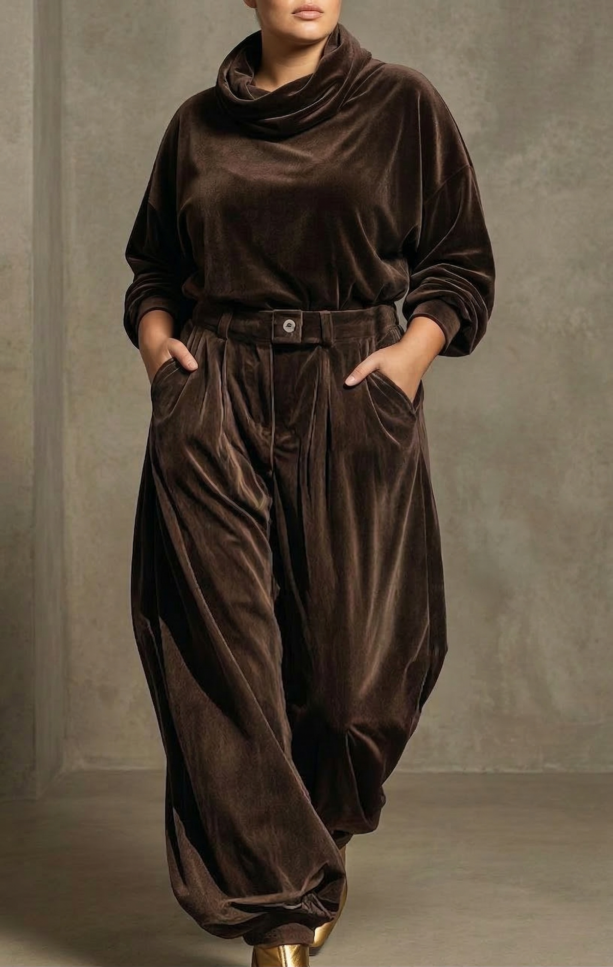 Vintage brown velvet hoodie and loose pants set (Includes belt)