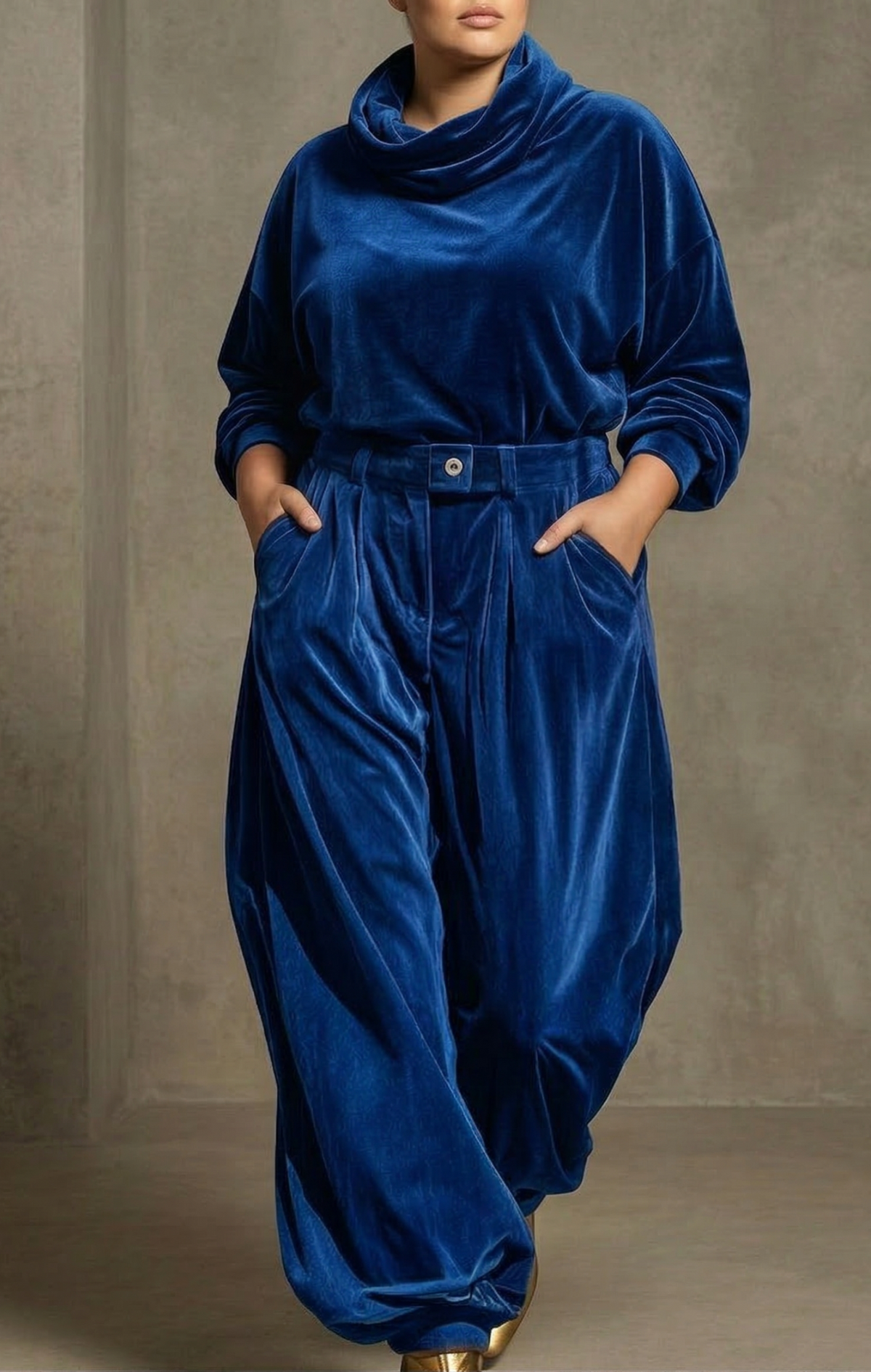 Vintage brown velvet hoodie and loose pants set (Includes belt)