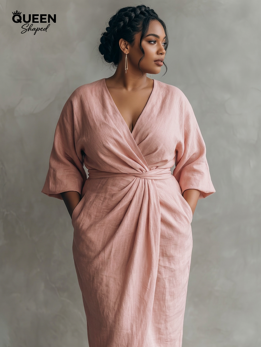 Pink Minimalist Maxi Dress with V-Neck for Women