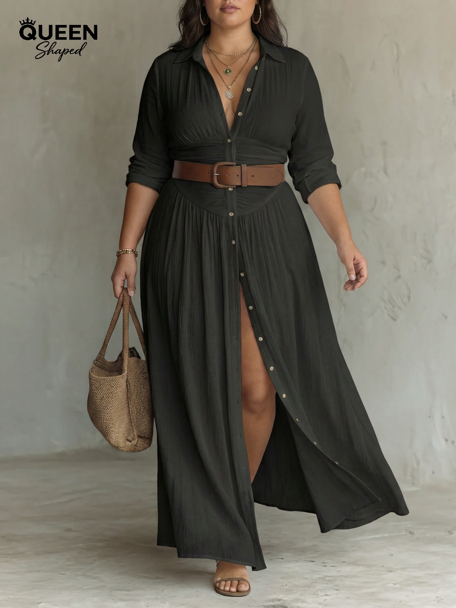 Long Maxi Dress with Notched Collar and Long Sleeves for Women