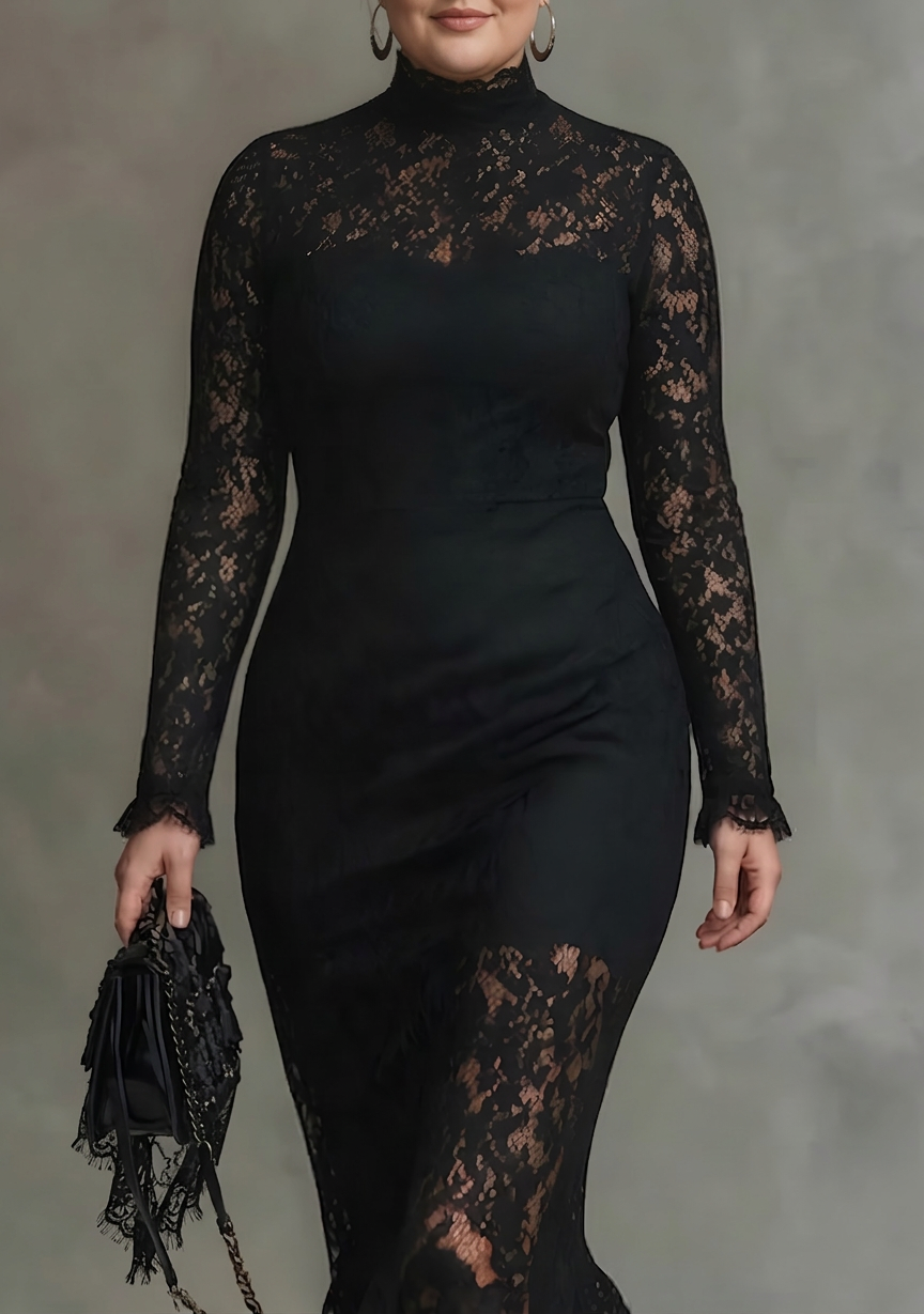 Elegant Black Stretchy Lace Fishtail Maxi Dress
