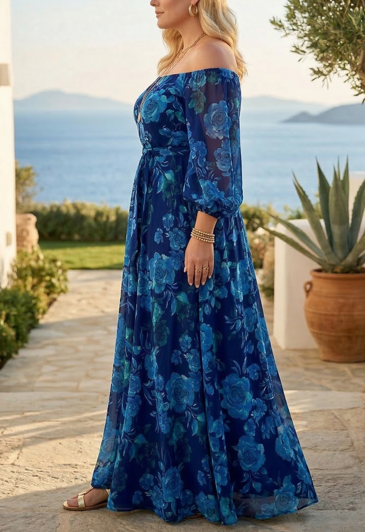 Francesca - Long dress with floral print and off-the-shoulder sleeves