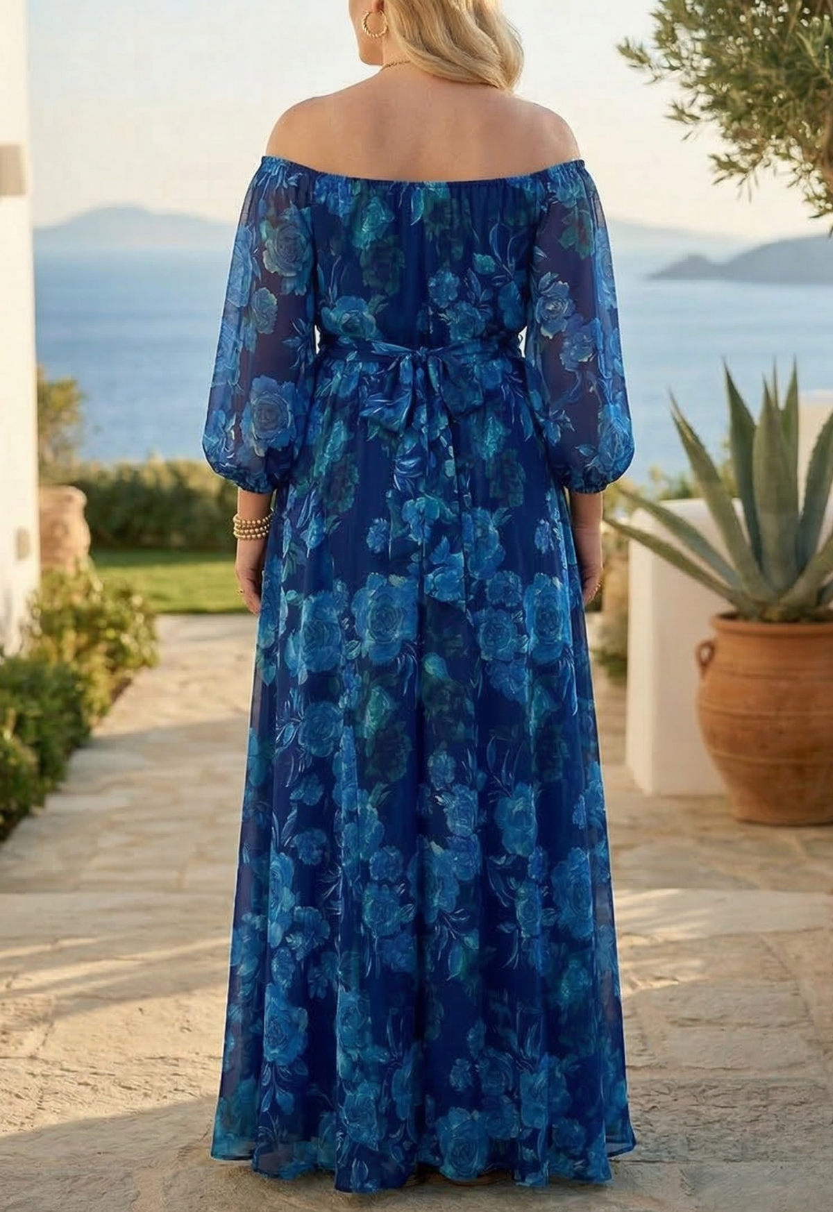 Francesca - Long dress with floral print and off-the-shoulder sleeves