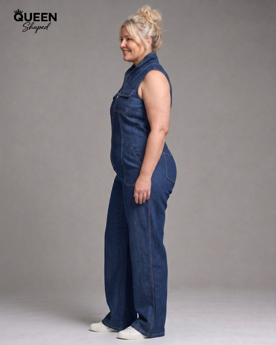Samantha | Zip Front Sleeveless Denim Wide Leg Jumpsuit