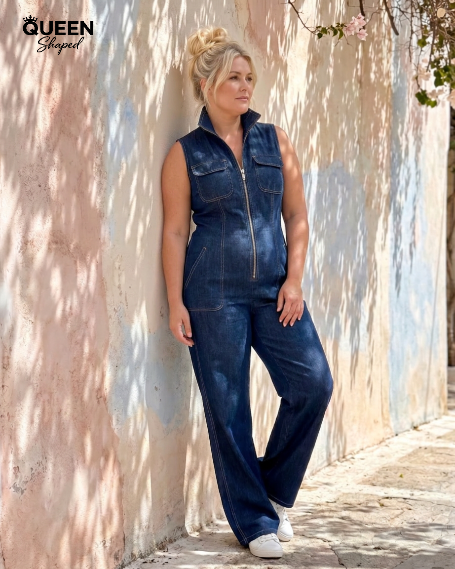Samantha | Zip Front Sleeveless Denim Wide Leg Jumpsuit