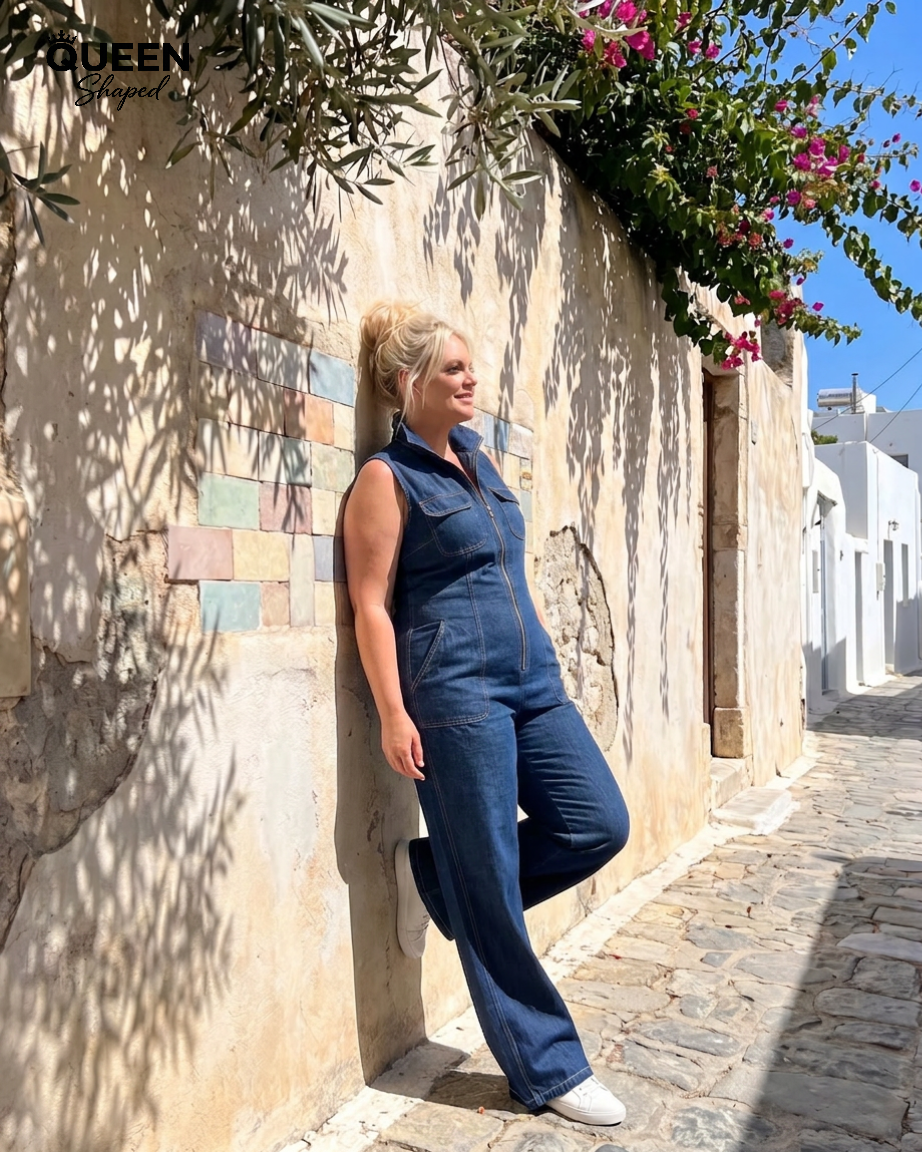 Samantha | Zip Front Sleeveless Denim Wide Leg Jumpsuit