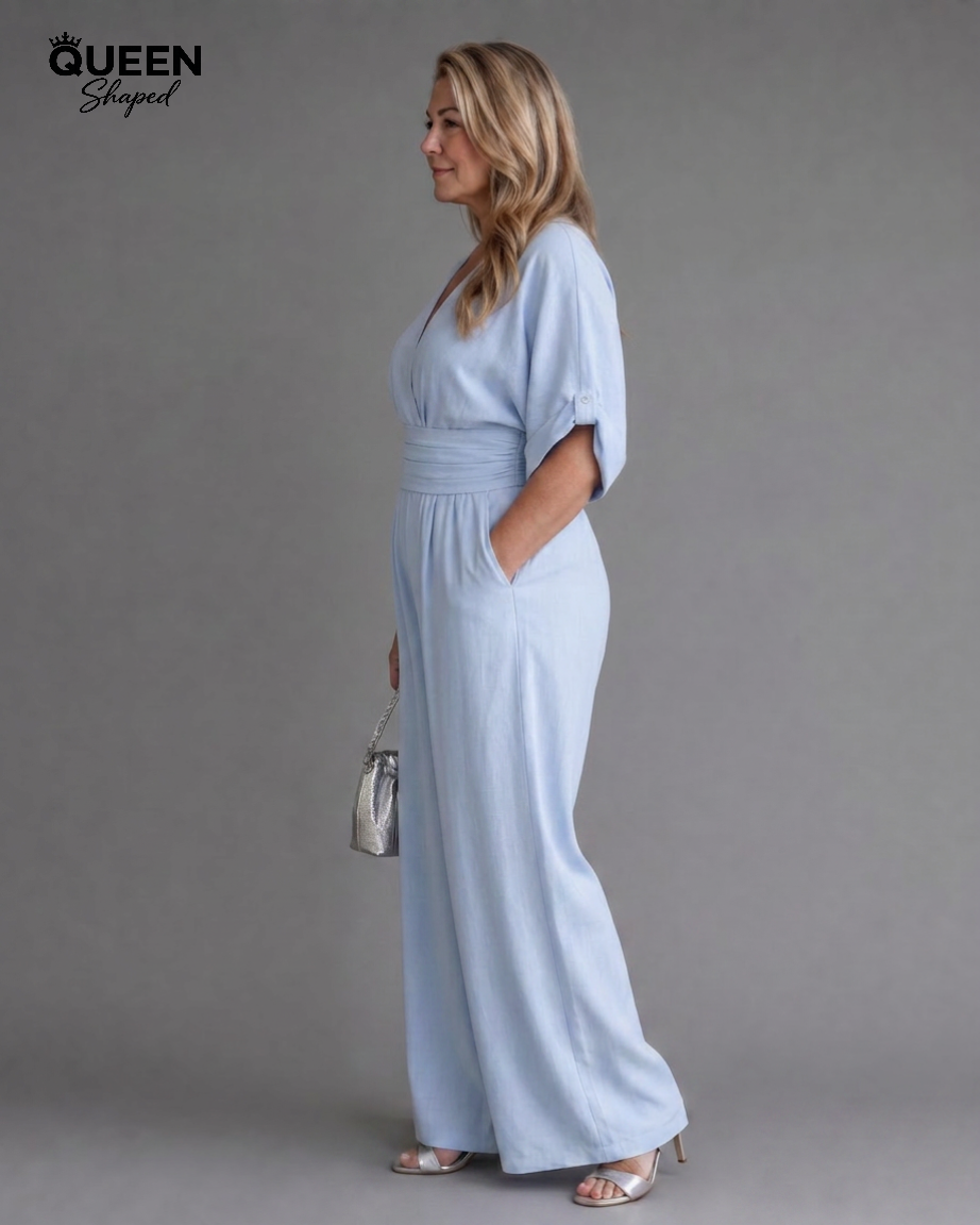 Emene | Draped V Neck Wide Leg Relaxed Jumpsuit