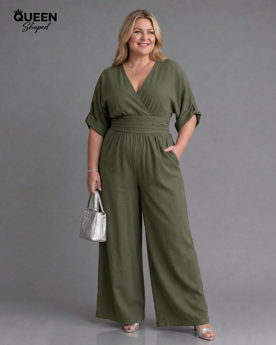 Emene | Draped V Neck Wide Leg Relaxed Jumpsuit