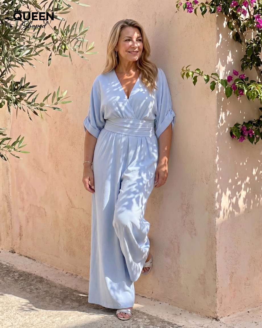 Emene | Draped V Neck Wide Leg Relaxed Jumpsuit