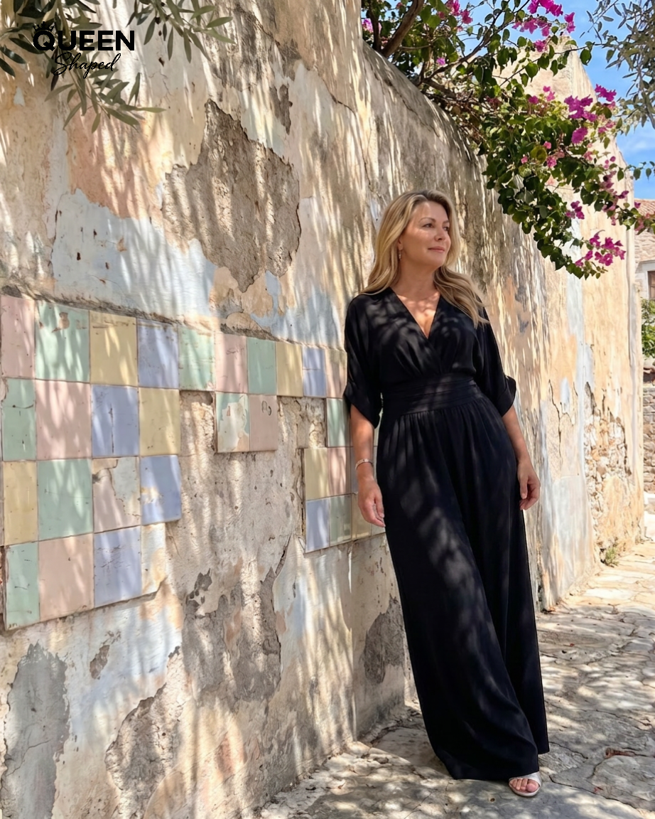 Emene | Draped V Neck Wide Leg Relaxed Jumpsuit