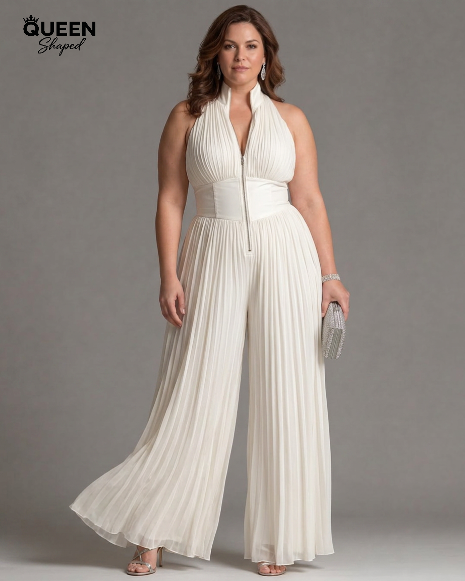 Zakira | Pleated Halter Neck Wide Leg Jumpsuit