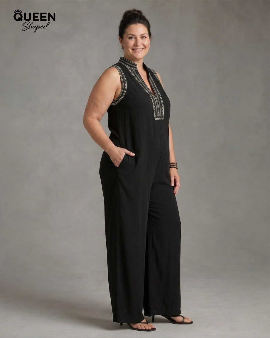 Velmira | Embroidered V Neck Sleeveless Wide Leg Jumpsuit