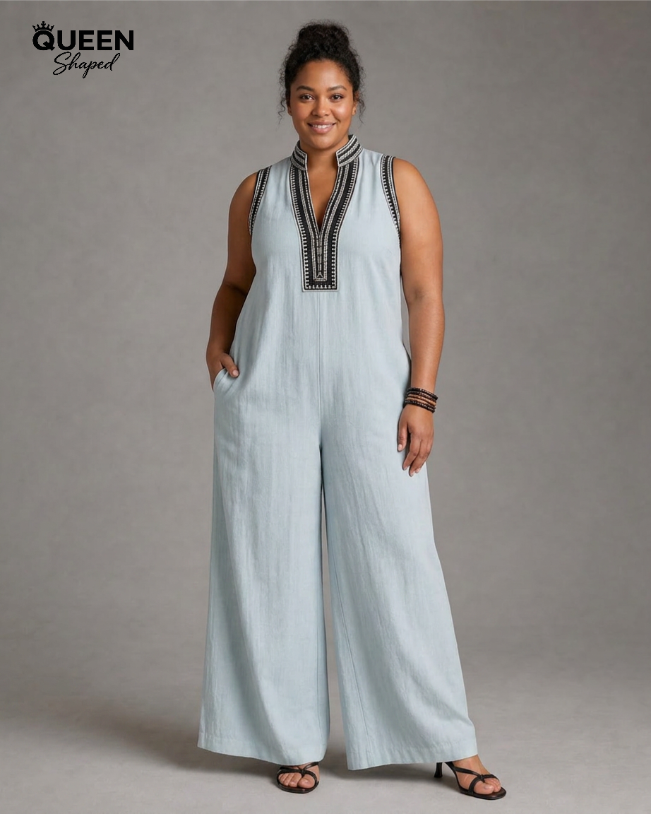 Velmira | Embroidered V Neck Sleeveless Wide Leg Jumpsuit