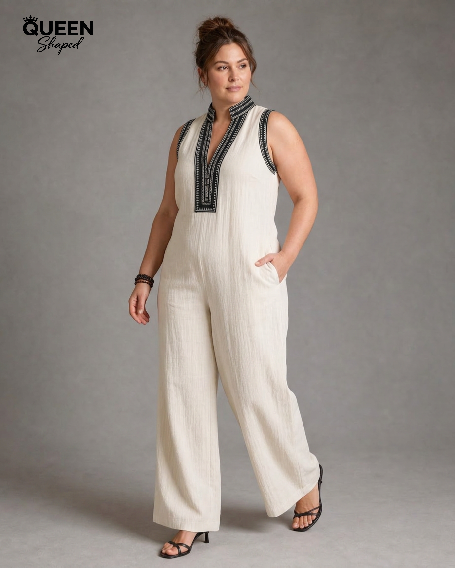 Velmira | Embroidered V Neck Sleeveless Wide Leg Jumpsuit