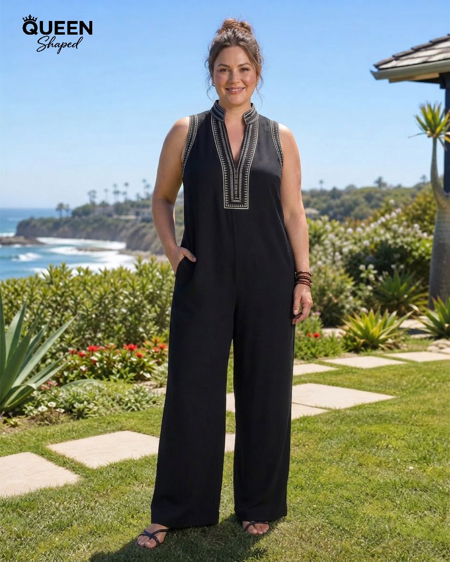 Velmira | Embroidered V Neck Sleeveless Wide Leg Jumpsuit
