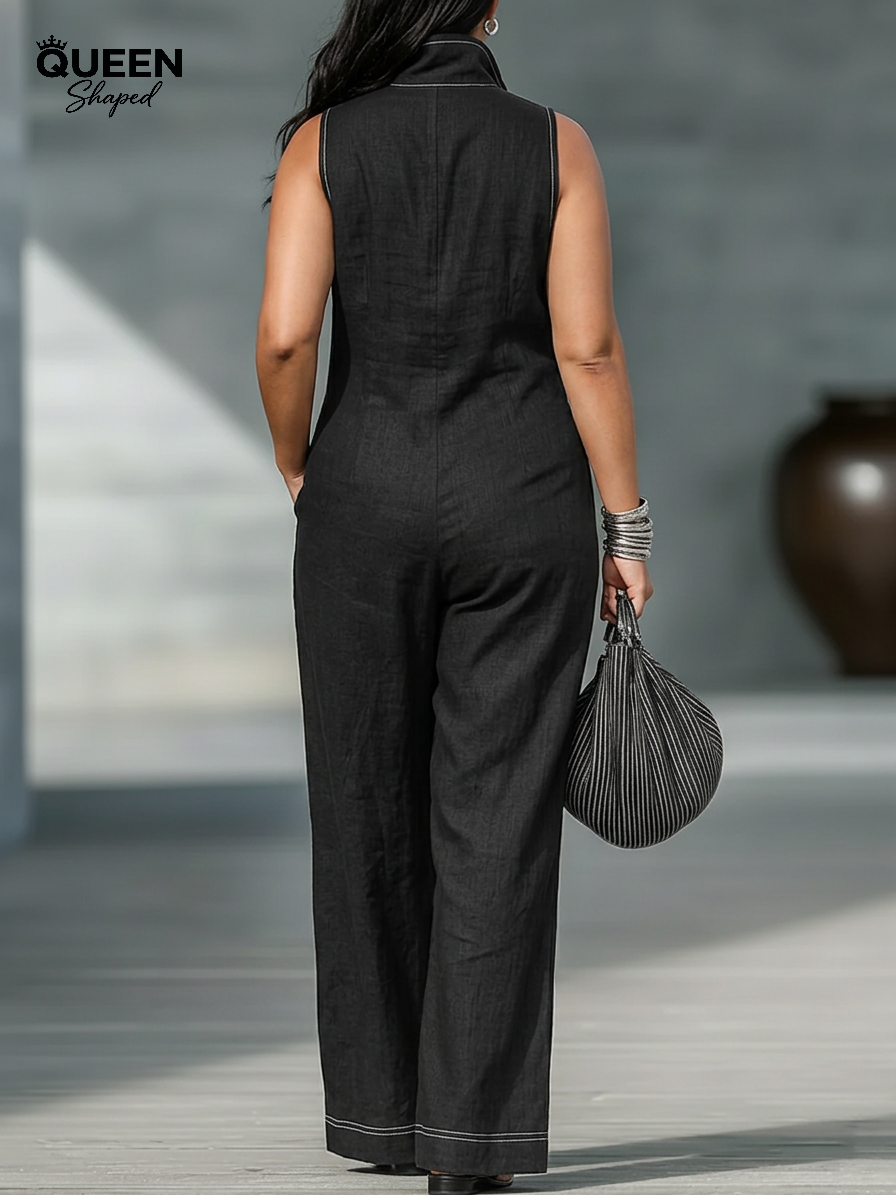 Women's Minimalist Sleeveless Jumpsuit with White Trim