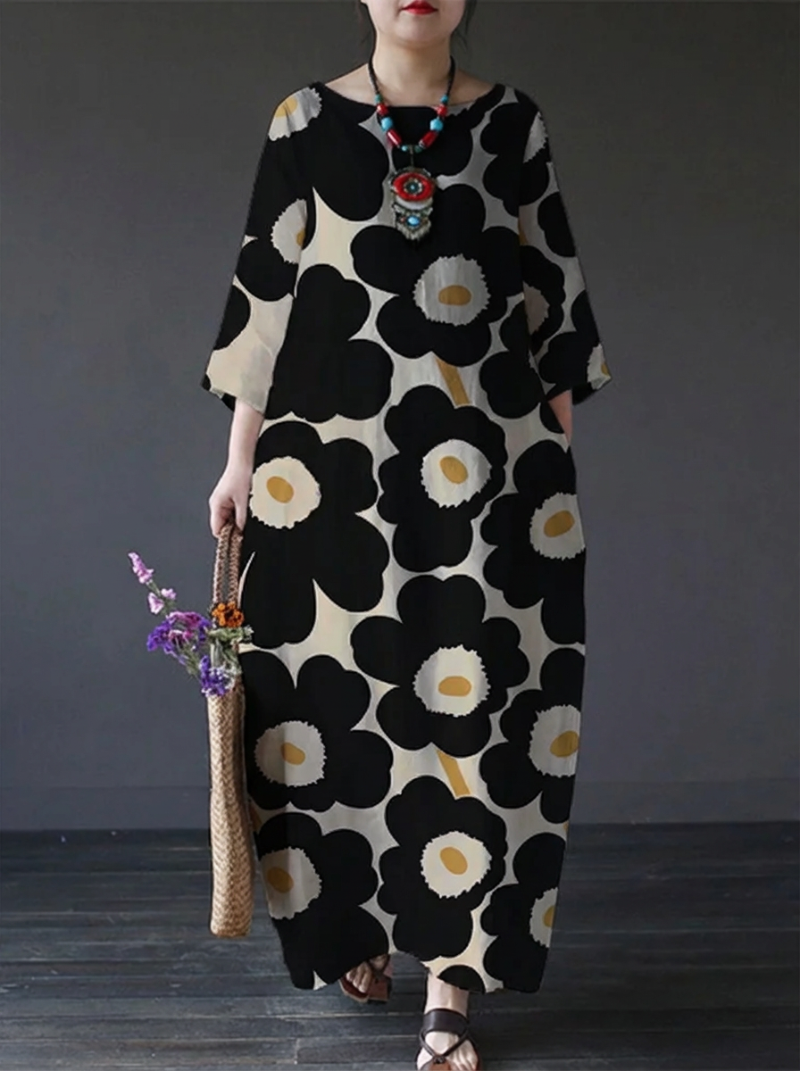 Aria | Casual Black Flory Print Loose Round Neck Medium Length Dress