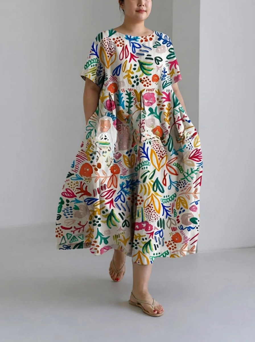 Sophia | Leisure Summer Flory Print Loose Round Neck Medium Length Skirt Dress