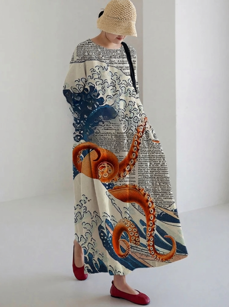 Charlotte | Casual Janpanese Octopus Print Long Sleeve Midi Dress