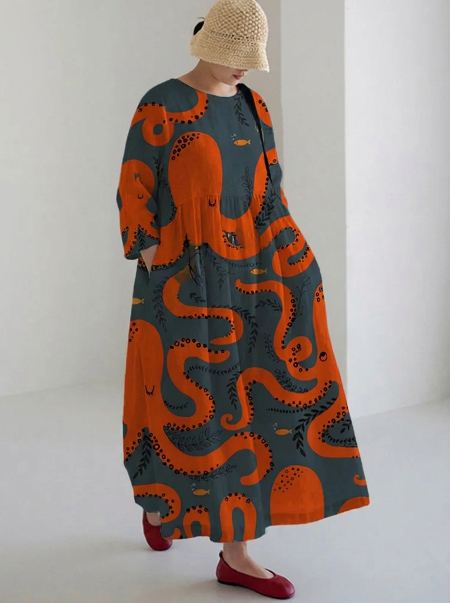 Olivia | Art Retro Leaves Print Loose Round Neck Medium Length Skirt Dress