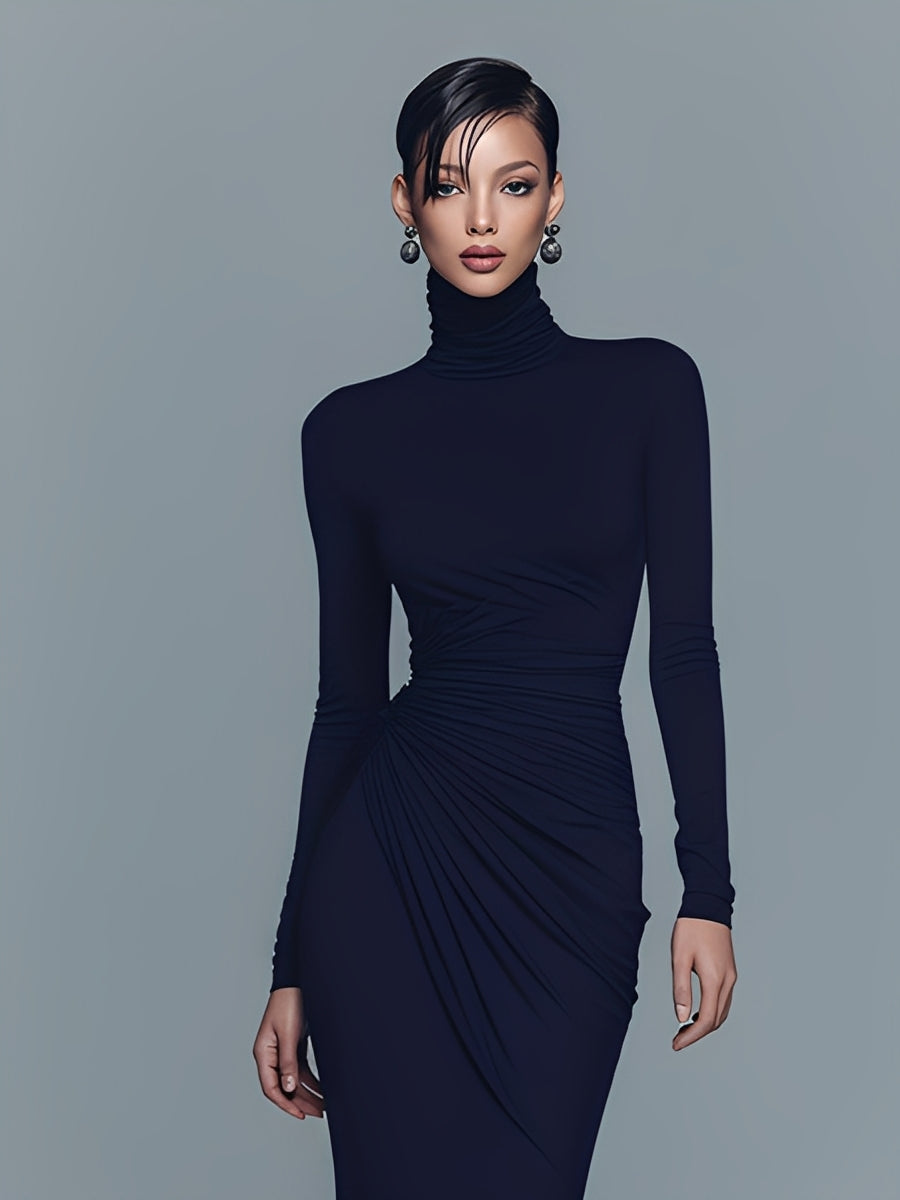 Nolwen | Navy Draped Turtleneck Maxi Dress