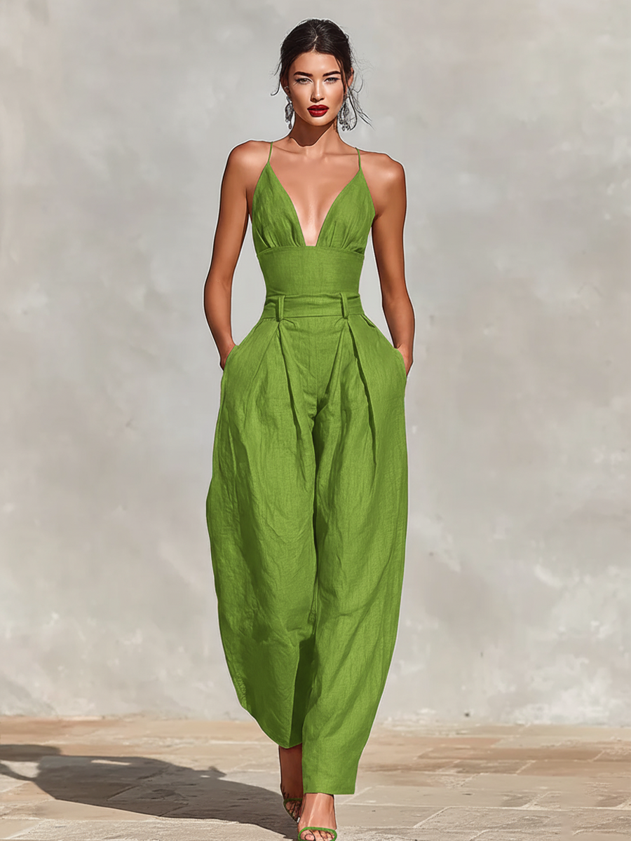 Rosalie | Red Pleated Linen Jumpsuit