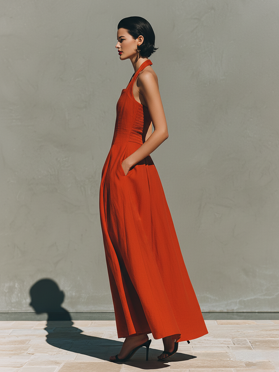 Freya | Red Linen Halter Maxi Dress